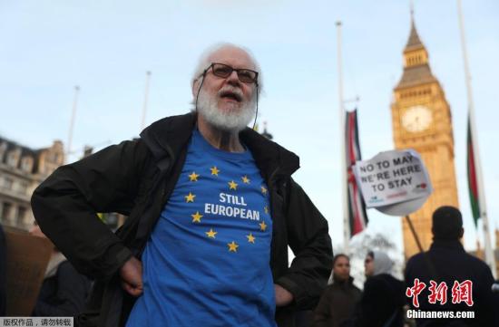 汪星人和主人在英国会外游行 要求第二次脱欧公投